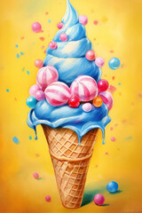 Bright  ice-cream waffle cone with heap of candies and marshmallow on yellow background