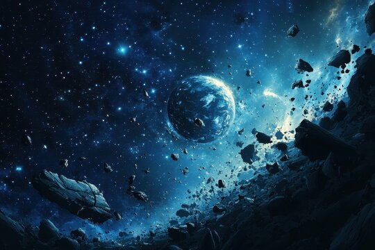 Distant planet amidst asteroid field and bright starlit cosmos