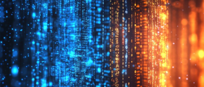 Abstract digital binary code matrix background with blue and orange glowing data streams Concept of big data, technology, coding, programming, and cybersecurity