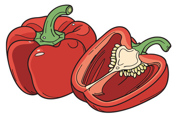  Vibrant red bell pepper, glossy skin, green curled stem, close-up photography, white background, studio lighting, hyper-realistic, food photography, crisp details, fresh produce, saturated colors, 