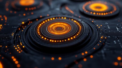 Dark circular platforms glow with orange lights and detailing