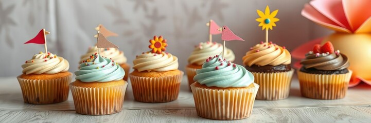 Cupcakes with creative toppers and decorations on a table, decoration, cupcake