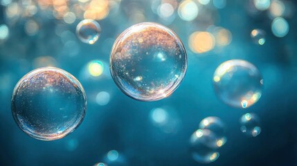 Naklejka premium Floating bubbles in teal, golden bokeh background