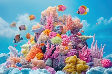 Obraz premium Vibrant coral reef teeming with colorful fish underwater in a tropical ocean environment