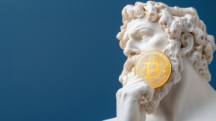 Plaster statue of cronus, greek god of time, holding bitcoin cryptocurrency coin in front of blue background