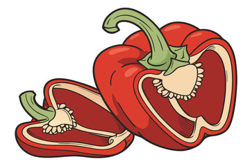  Vibrant red bell pepper, glossy skin, green curled stem, close-up photography, white background, studio lighting, hyper-realistic, food photography, crisp details, fresh produce, saturated colors, 