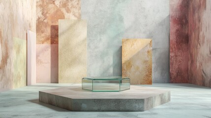 Modern polyhedral marble podium with granite and glass elements in muted tones