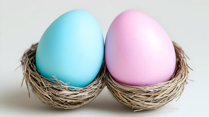 Fototapeta premium Pastel Easter eggs in bird nests on white background