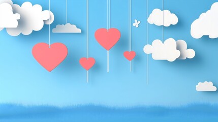 blue sky with hanging white clouds and red hearts