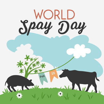Vector illustration theme: World Spay Day celebrated every year during February. Commemorative design with pig and cow silhouette