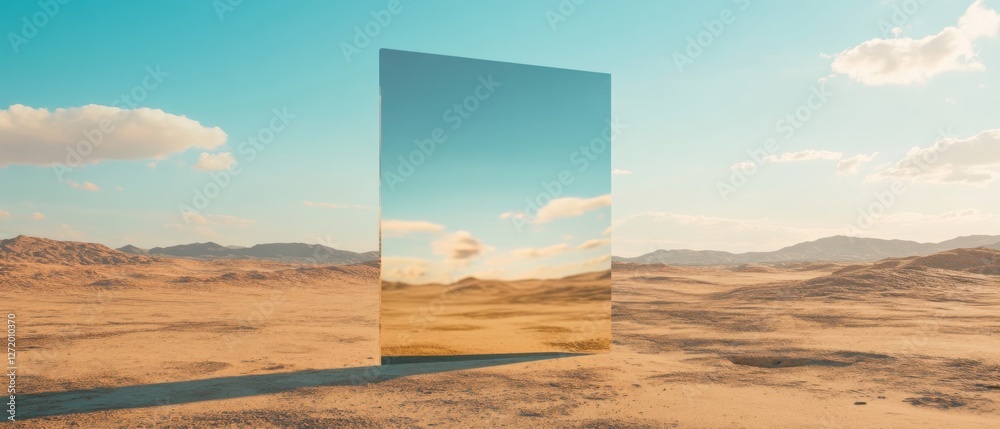 Poster surreal desert landscape with reflective monolith: a mirrored portal in a barren landscape under a b