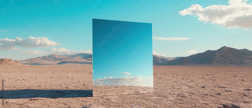 Poster surreal desert landscape with large mirror reflecting blue sky and clouds, contrasting with the arid