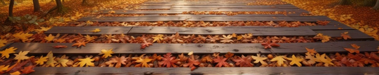 Fototapeta premium Dense scattering of autumn oak leaves on a wooden path, earthy tones, fall foliage, leaf carpet