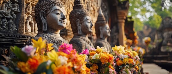 Fototapeta premium Serene Buddha statues adorned with vibrant flowers at a tranquil temple in Southeast Asia Spiritual statues embodying peace and tranquility in a sacred space Concept of Buddhism, meditation, and Asian