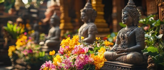 Fototapeta premium Serene Buddha statues adorned with colorful flowers in a tranquil temple garden Buddhist sculptures embodying peace and spirituality in a sacred space Concept of meditation, mindfulness, and Eastern r