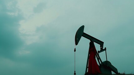 Woman wearing a long red dress stands near an oil pump on a cloudy day, creating a dramatic contrast between nature, industry, and human presence