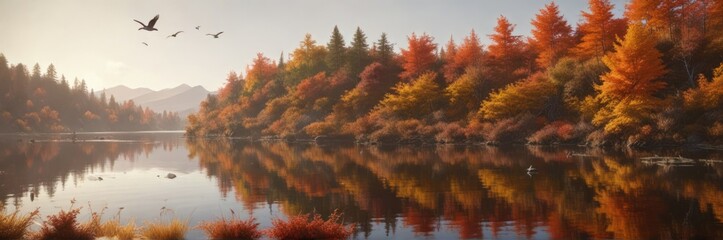 Obraz premium Dense thicket of shrubs and undergrowth with geese flying overhead near calm surface of autumn-colored Toketee Lake in Oregon, foliage, undergrowth