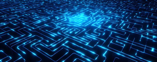 Digital labyrinth background with blue glowing elements