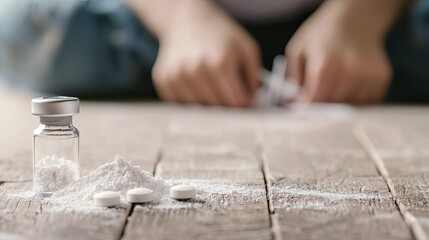 Substance abuse concept with drugs and pills on wooden surface