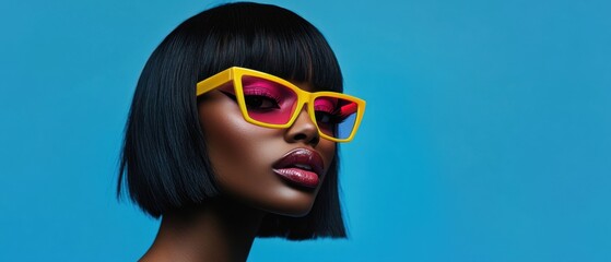 Stylish Black woman with bright yellow and pink sunglasses and a chic bob haircut against a vibrant blue background Fashion, beauty, and eyewear concept