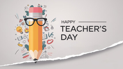 A poster for Teacher's Day with an image of a vertical pencil decorated with black glasses symbolizing wisdom and knowledge. The pencil is surrounded by a light bulb, books, graphs.