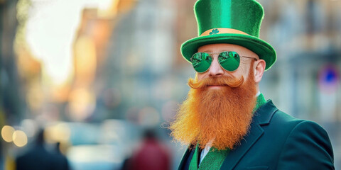 Irish Celebration: A stylish redhead with a vibrant ginger beard, sporting a festive green suit and top hat, embodies the spirit of St. Patrick's Day in a city backdrop.
