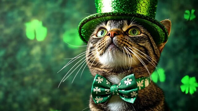 Cat dressed in festive green hat and bow tie celebrating St. Patrick's Day with shamrock decorations