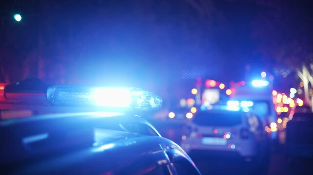 A close-up shot of flashing police lights at an accident scene, with blurred fire trucks and an ambulance in the background responding to the emergency.