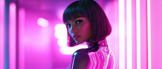 Cyberpunk woman with pink bob haircut and futuristic clothing posing in neonlit room Concept of cyberpunk, futuristic fashion, and virtual reality