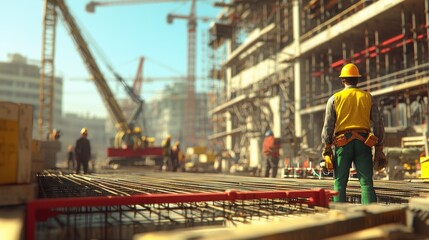 Naklejka premium Construction worker on a busy building site.