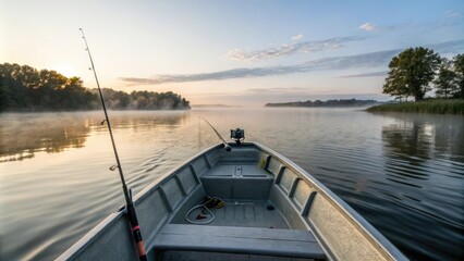 Fototapeta premium Early morning fishing trip on a boat, sunrise, fishing vessels, seagulls flying, peaceful morning atmosphere