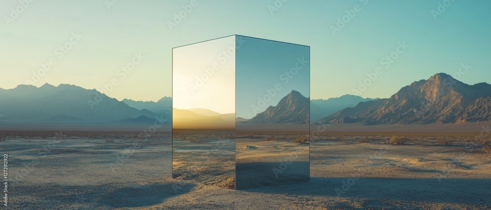 Aufkleber reflective monolith in a barren desert landscape at sunset mirrored cube reflecting the setting sun 