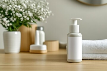 Clean skincare mockup with towel on bathroom counter