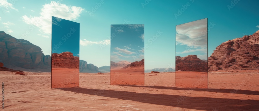 Poster surreal desert landscape with reflective panels mirroring the sky and mountains abstract art install