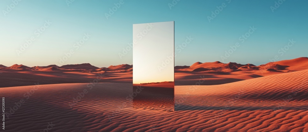 Poster surreal desert landscape with a large reflective mirror at sunset minimalist art concept of illusion