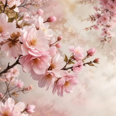 Obraz premium Elegant watercolor print of cherry blossoms and roses in soft pink and golden tones, abstract shapes, artistic technique, feminine, decorative accents