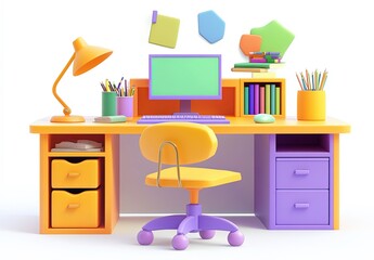 Colorful study desk with computer and stationery supplies for inspiration
