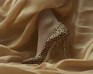 Leopard print high heel shoe on beige satin fabric, showcasing a fashionable and luxurious accessory, symbolizing elegance and style in the fashion industry.