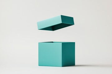 Minimalist concept of a teal opened gift box with its lid floating above, representing surprise, gifts, and special occasions