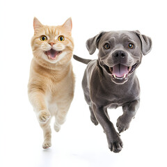 Obraz premium A cat and a dog running towards the camera, with happy expressions, isolated on a white background
