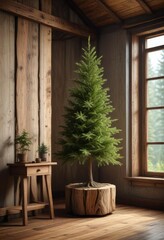 Evergreen spruce tree on a wooden stand in a rustic room, natural elements, evergreen branches