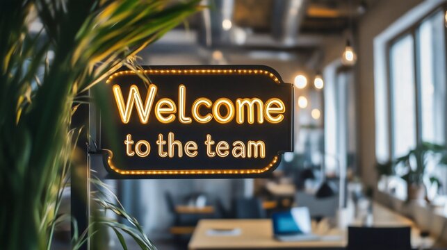 welcome to the team sign on wooden background with friendly office vibe