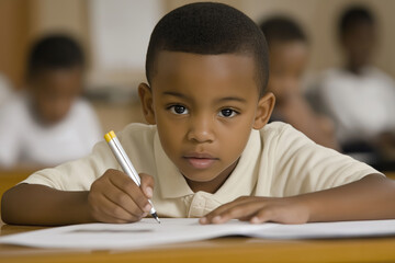 Child engaged in creative writing activity in classroom during school hours