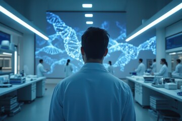Obraz premium a man in a lab coat is looking at a screen