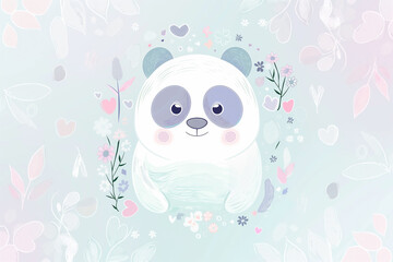 A whimsical graphic design featuring a cute panda illustration at the center, surrounded by soft, pastel-colored elements that create a playful and joyful atmosphere