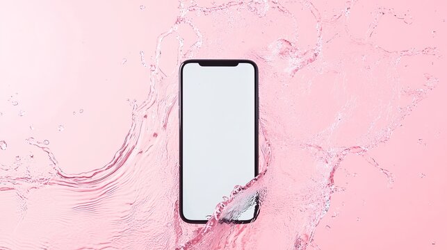 Smartphone with white screen surrounded by splashing water on pink background