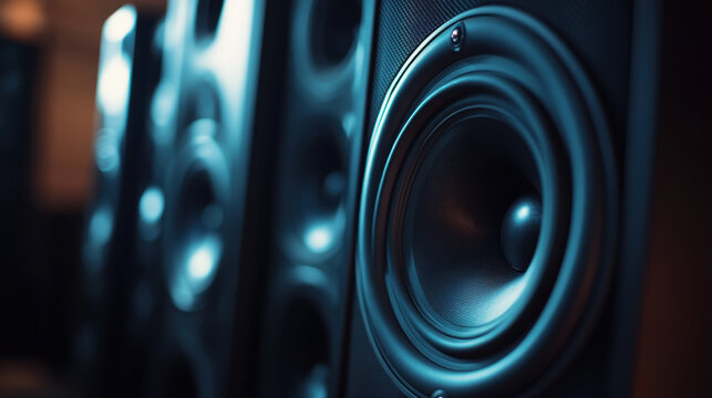 Close-up of powerful audio speakers with detailed woofers and tweeters in modern sound system for home theater experience