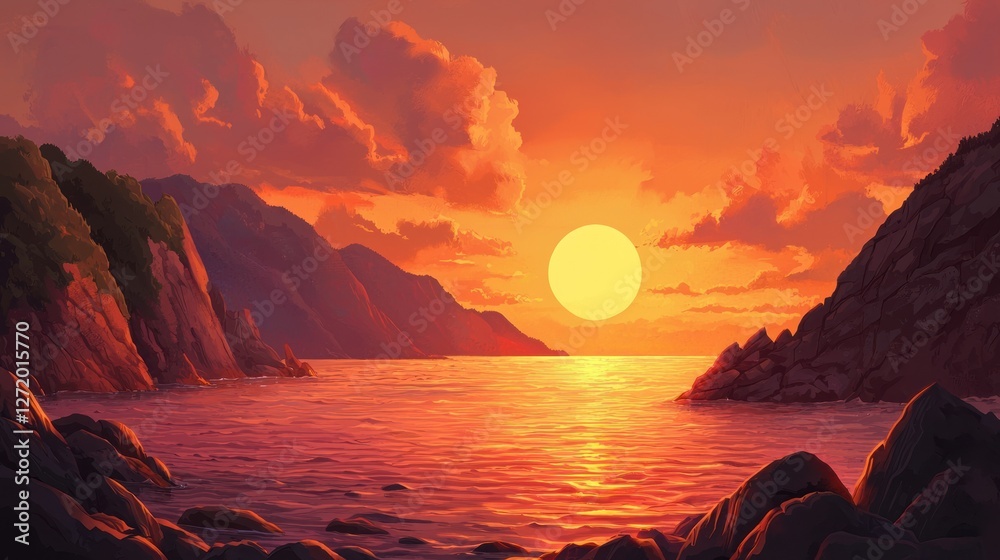 Wall mural Vibrant sunset over calm ocean bay between rocky hills.