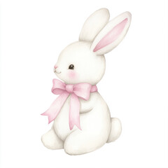 Obraz premium Cute white bunny with pink bow in watercolor style 