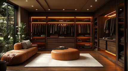 Luxurious walk-in closet with elegant wooden furnishings, ambient lighting, and a cozy seating area showcasing modern interior design and style.